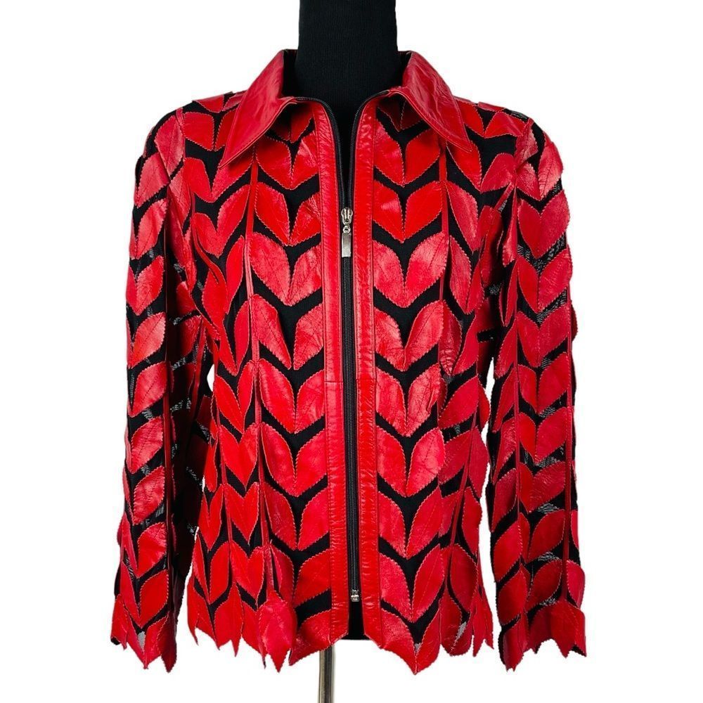 Natto Red Leather Leaf Jacket Blazer Sheer Mesh Classy Zip Front Soft Si